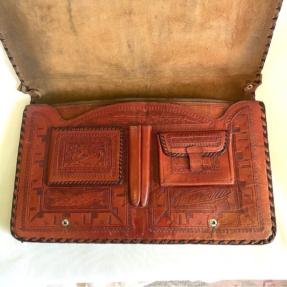 VINTAGE 1950s Hand Tooled Leather Satchel Purse Bag Mexico - Picture 4 of 16